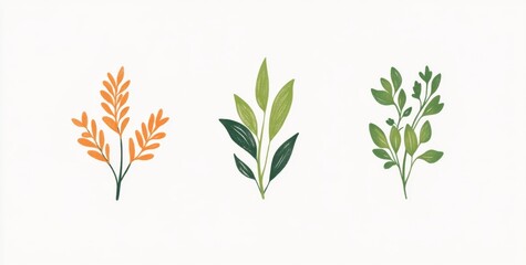  Three minimalistic botanical illustrations featuring simple shapes and lines in flat orange and green tones on a white background