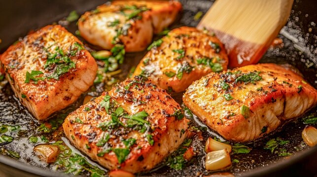 Cuatro filetes de salm&oacute;n dorados en una sart&eacute;n con ajo, hierbas frescas y mantequilla. El plato es jugoso y est&aacute; decorado con perejil fresco.