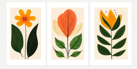 Fototapeta premium Three minimalistic botanical illustrations featuring simple shapes and lines in flat orange and green tones on a white background