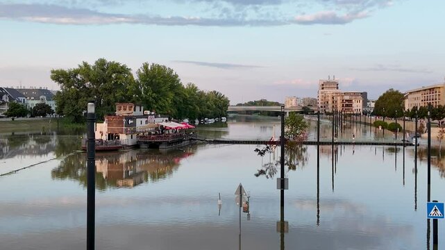 Floods on the river R&aacute;ba in Győr Hungary - high water levels