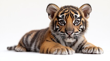 Obraz premium A tiny tiger cub lies down, peering curiously with bright, expressive eyes