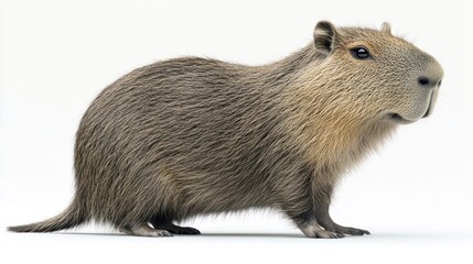 A capybara stands alert, surveying its environment under the warm sunlight