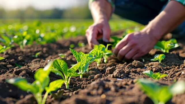A gardener's hands tend to fresh plants in rich soil, emphasizing growth and sustainable agriculture in a vibrant outdoor setting