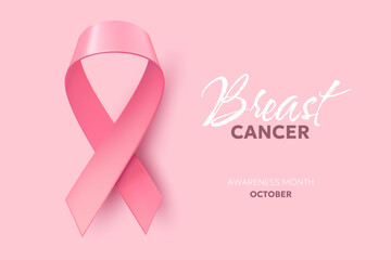 Vector illustration of breast cancer pink realistic ribbon with loop. Symbol of breast cancer awareness. Template 3d design with word and shine ribbon with shadow for awareness month campaign banner