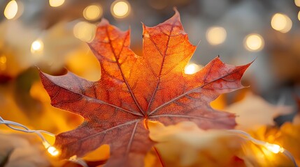Fototapeta premium A close-up of an autumn maple leaf, with the background blurred and a bokeh effect creating a warm atmosphere