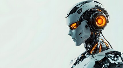Profile of a Futuristic White Robot with Glowing Orange Eyes