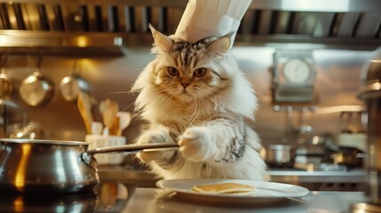 A fluffy cat dressed as a chef prepares a delicious pancake in a bright kitchen, showcasing culinary skills with charm.