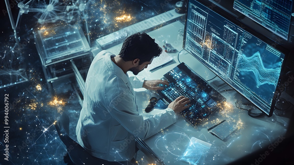 Poster a scientist working on a computer with a futuristic interface
