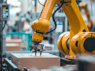 A close-up of a robotic arm assembling a product with precision on a production line, highlighting the accuracy and efficiency achieved through automation
