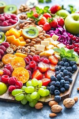 Elegant vegetarian charcuterie board featuring fresh fruits, nuts, and artisanal plant-based cheese, party setting