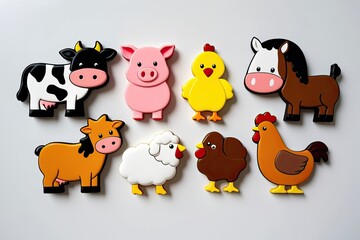 Obraz premium Colorful Set of 6 Adorable Cartoon Farm Animal Figurines Including Cow Pig Sheep Chicken and Horse on White Background