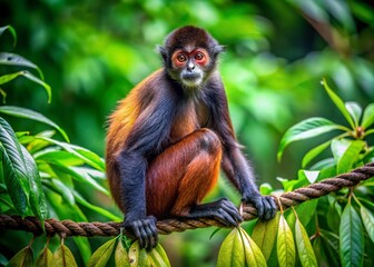 Fototapeta premium Curious spider monkey perched on a tree branch in a lush green rainforest habitat exploring nature