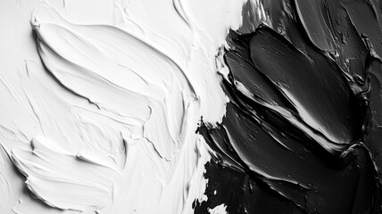 Obraz premium Contrast of black and white paint textures on canvas with dynamic strokes created in an abstract style