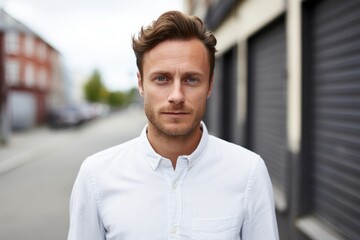 Obraz premium Portrait of a content man in his 30s wearing a simple cotton shirt isolated on scandinavian-style interior background
