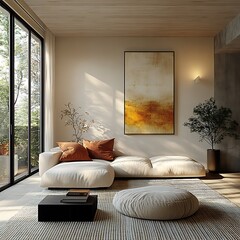  Japandi, Scandinavian interior design of modern living room. 