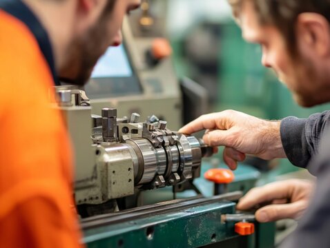 A close-up of a trainer showing a worker how to operate a piece of machinery, with the focus on the tools and controls, emphasizing the detailed instruction involved in job training - Powered by Adobe