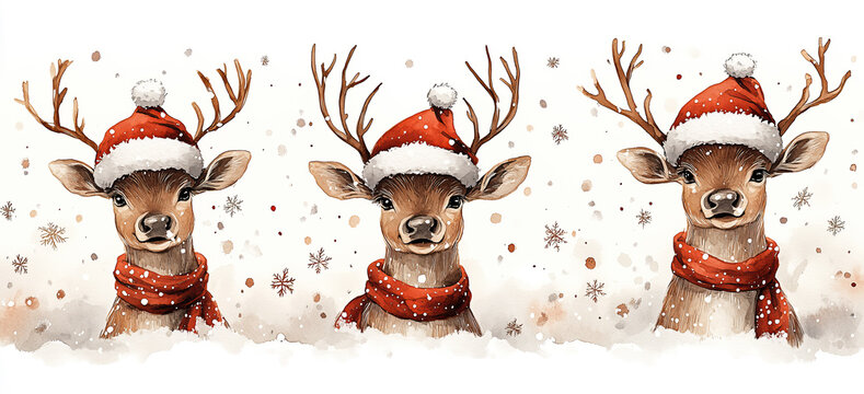 Rehe mit M&uuml;tze und Schal im Schnee - Weihnachtsillustration im Bannerformat