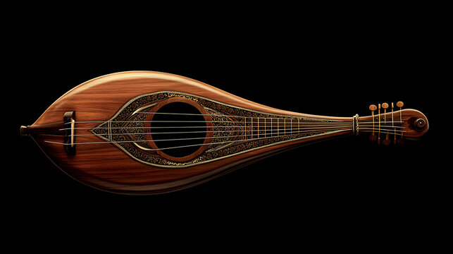 Turkish traditional music instrument or saz baglama isolated on a black background. ai generated. Folk Art. Illustration