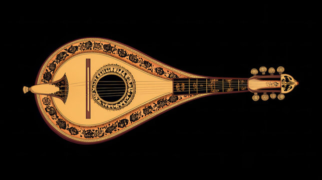 Turkish traditional music instrument or saz baglama isolated on a black background. ai generated. Folk Art. Illustration