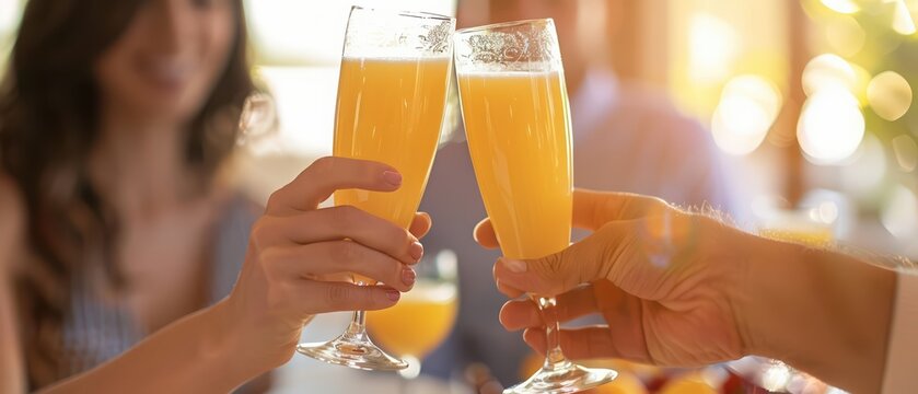 Cheers to joy! Friends celebrating with mimosas in a warm, bright atmosphere, perfect for social gatherings and special occasions.