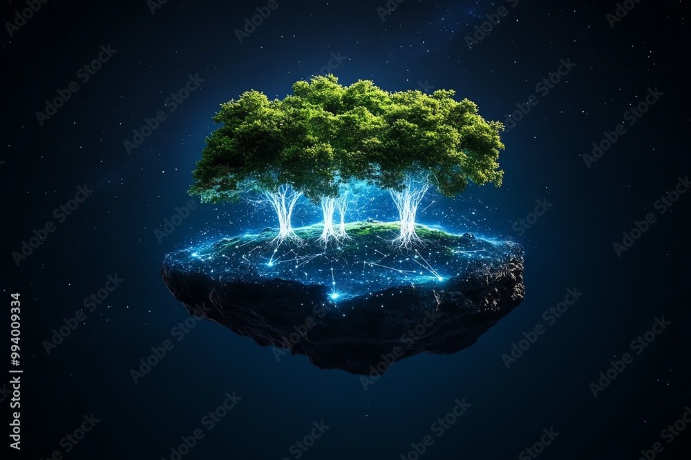 Poster A floating island in space, where the trees are made of light and the ground is composed of ancient, forgotten constellations