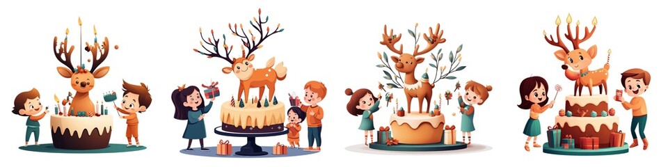Naklejka premium Children celebrate with a whimsical cake featuring a reindeer design, bringing joy and festive cheer to the occasion.