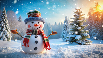 Obraz premium Cheerful Snowman in Snowy Winter Landscape, Sunset Glow in Background