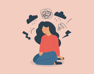 Young woman struggling with mental health issues such as stress, depression, anxiety, phobias, or mood disorders. Sad girl overwhelmed sitting on the floor with negative thoughts. Vector illustration