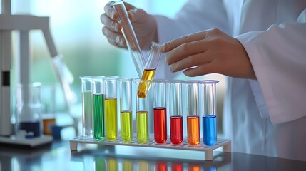 A scientist in a lab coat pouring a liquid into a test tube