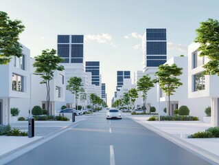 Futuristic city street featuring eco-friendly buildings with solar facades and electric vehicles charging at sustainable power stations, Sustainability, Digital Art