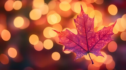 A close-up of an autumn maple leaf, with the background blurred and a bokeh effect creating a warm atmosphere
