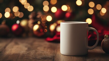 Obraz premium Blank white mug in a cozy holiday scene, Christmas ornaments and bokeh lights creating a warm festive background.