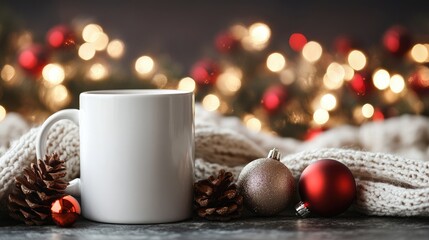 Blank white mug in a cozy holiday scene, Christmas ornaments and bokeh lights creating a warm festive background.