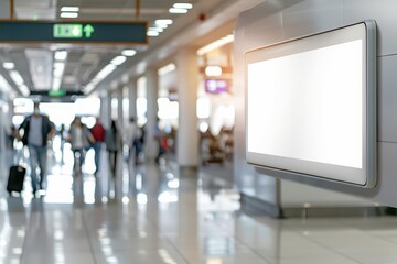 Fototapeta premium Modern airport interior with blank digital display and travelers walking in the background, highlighting travel and technology.