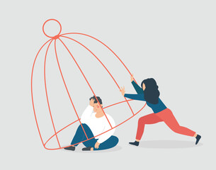 Psychologist helps a man inside a cage to be free. Rehabilitation from depression, addiction and PSDD therapy. Concept of psychiatric support, recovery, and self awareness. Vector illustration