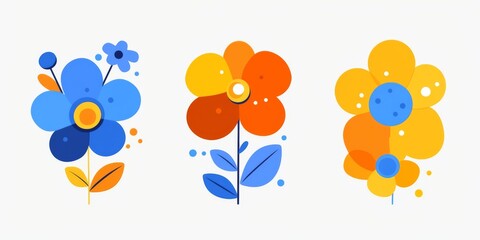 Three simple flower icons featuring blue, orange, and yellow designs