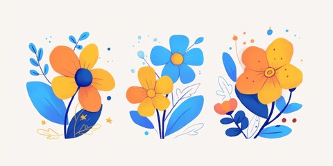 Three simple flower icons featuring blue, orange, and yellow designs