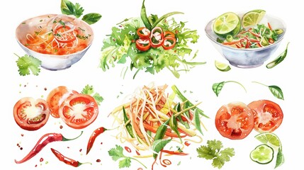 Vibrant watercolor illustrations of fresh vegetables and salads, showcasing a variety of healthy dishes and colorful ingredients.