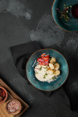 Grilled Scallop with Roasted Pepper and Creamy Sauce – Dark, Moody Food Photography
