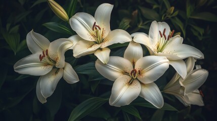 Obraz premium Four white lilies with yellow centers and red pollen bloom in a dark green leafy background.