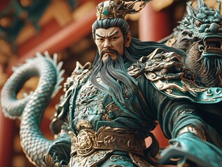 Guan Yu, the Chinese god of war, holding his legendary Green Dragon Crescent Blade, exuding strength and courage