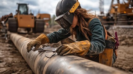 A female welder working on a pipeline, with heavyduty machinery in the background, her tools neatly organized beside her