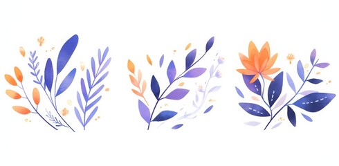 three simple illustrations of leaves and flowers in purple, blue, orange, and yellow on a white background