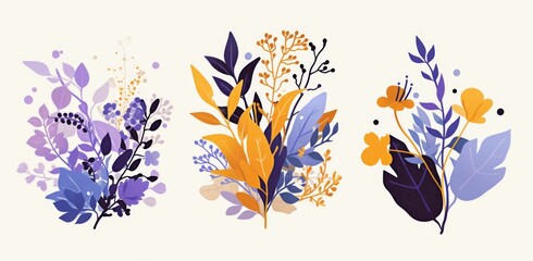 three simple illustrations of leaves and flowers in purple, blue, orange, and yellow on a white background