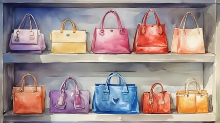 Watercolor Artistic using soft, brushy watercolor strokes, Single object picture Closet/Walk-in Closet â€“ an organized display of handbags on a shelf