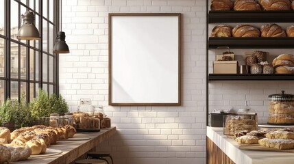 Blank white poster frame hanging in a modern bakery, surrounded by fresh pastries and bread, ready for customization.