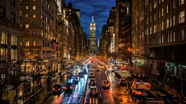 Rues de New York City la nuit. Une vue de circulation sur les rues de la ville de New-York de l'h&ocirc;tel c&eacute;l&egrave;bre de Waldorf Astoria.
