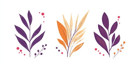 Obraz premium Three simple plant illustrations in purple and orange tones on a white background