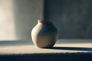 A white vase sits on a table in a room