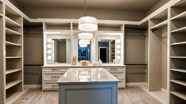 A spacious, modern closet with elegant lighting and organized storage, creating a luxurious atmosphere for home design